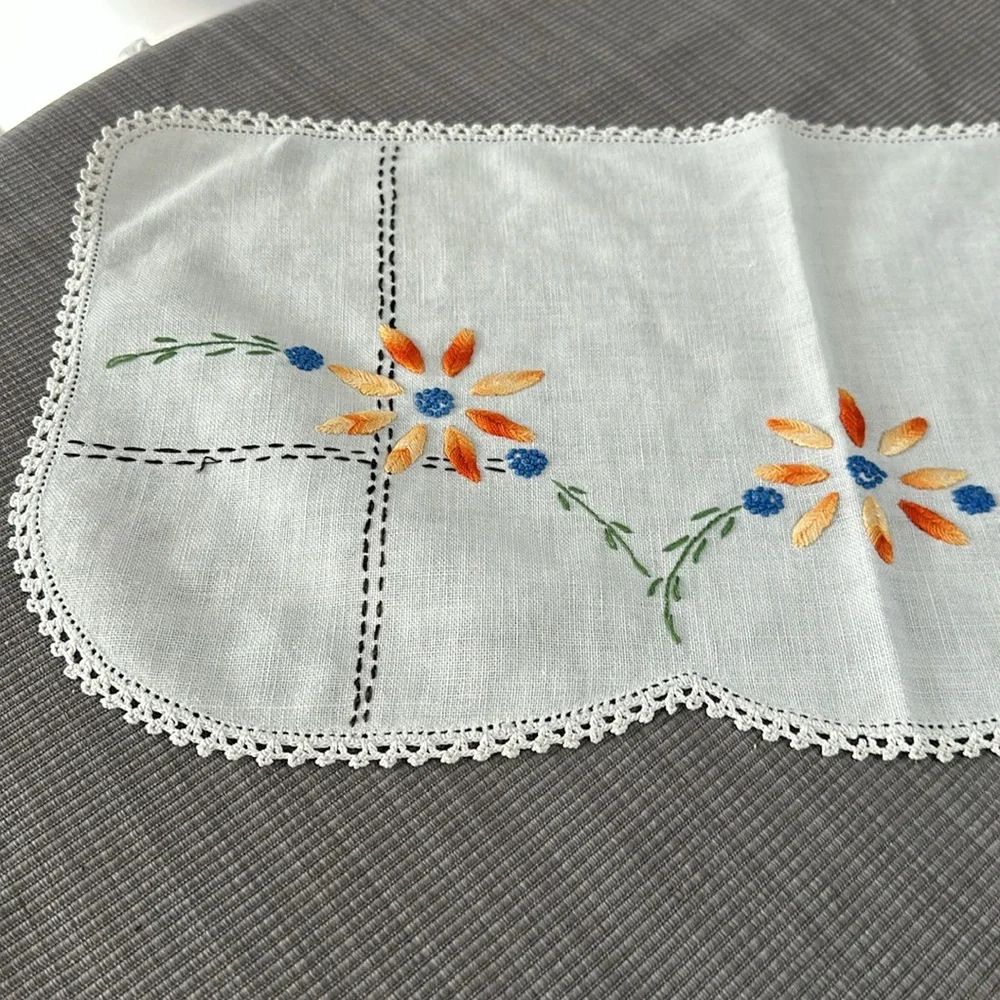 Handcrafted embroidered doily 19” x 10”
